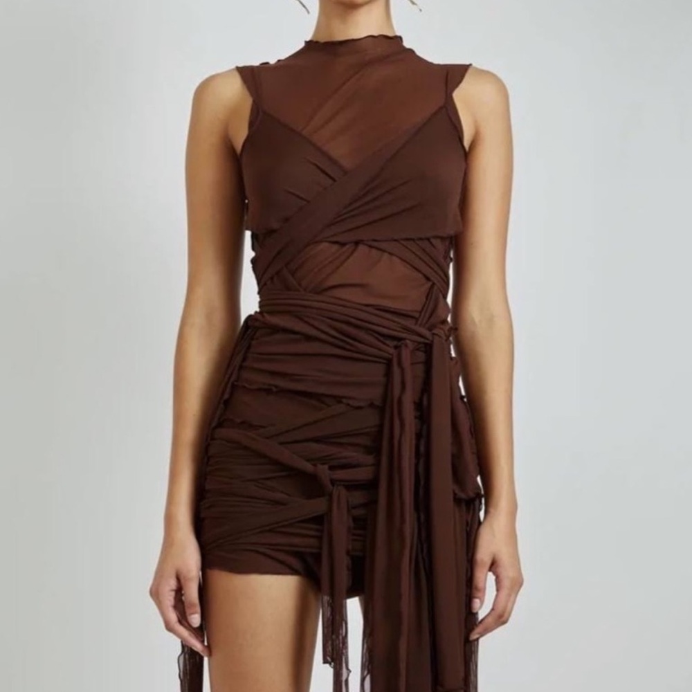 Kim Shui Brown Jersey Tie Wrap Mesh Sheer Net Top in Chocolate Brown $295 MSRP